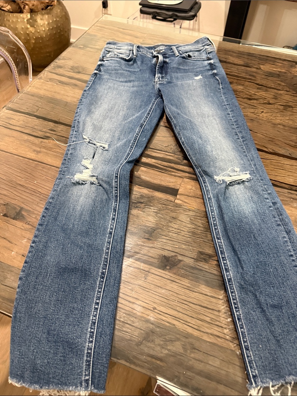 MOTHER Straight-Leg Distressed Jeans - Blue